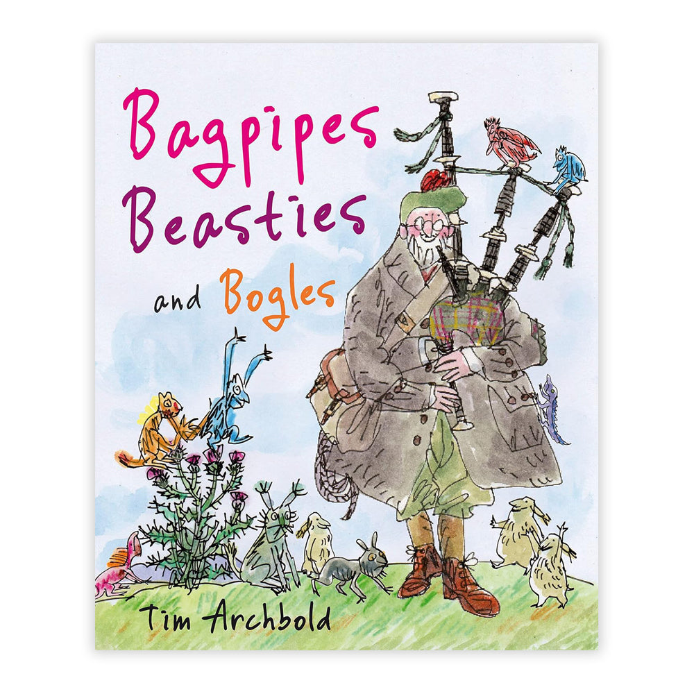Book cover with an illustration of a bagpiper surrounded by colourful mythical creatures.