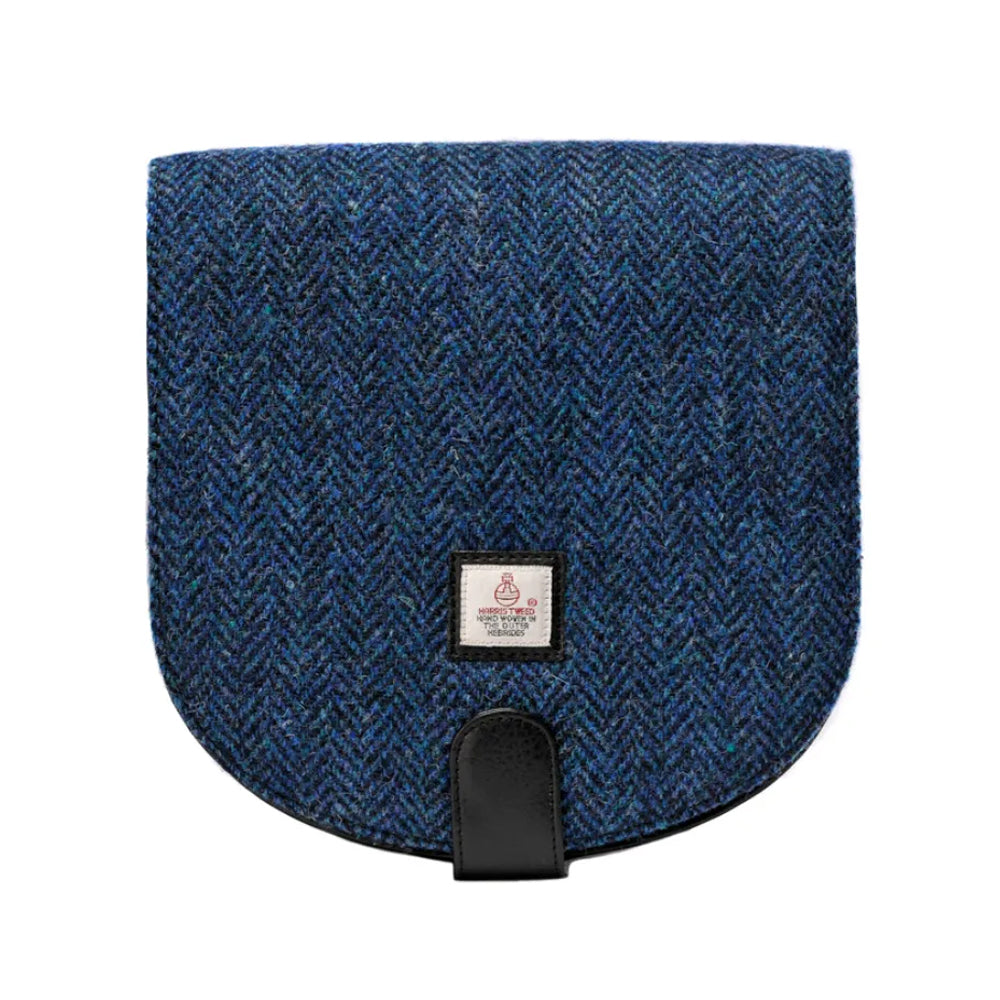 Navy blue Harris tweed bag with black vegan leather detailing.