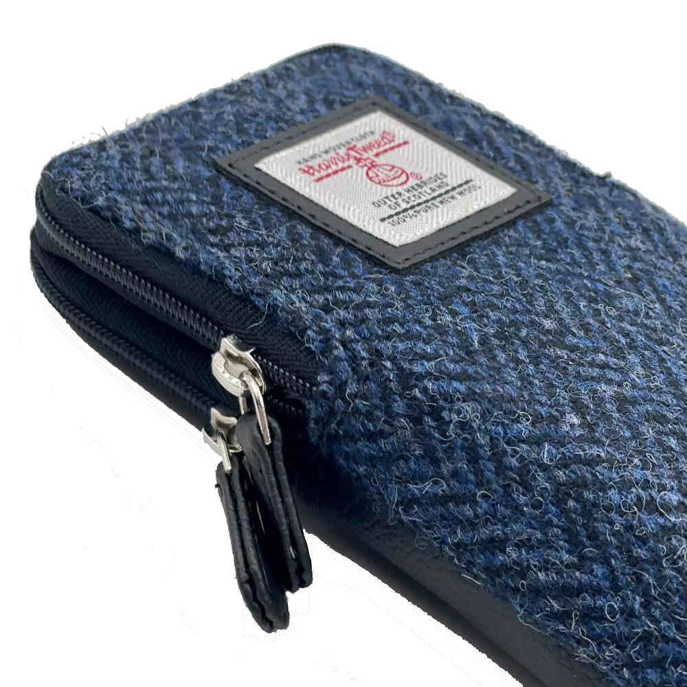 Blue Harris tweed glasses pouch with black vegan leather zipper.