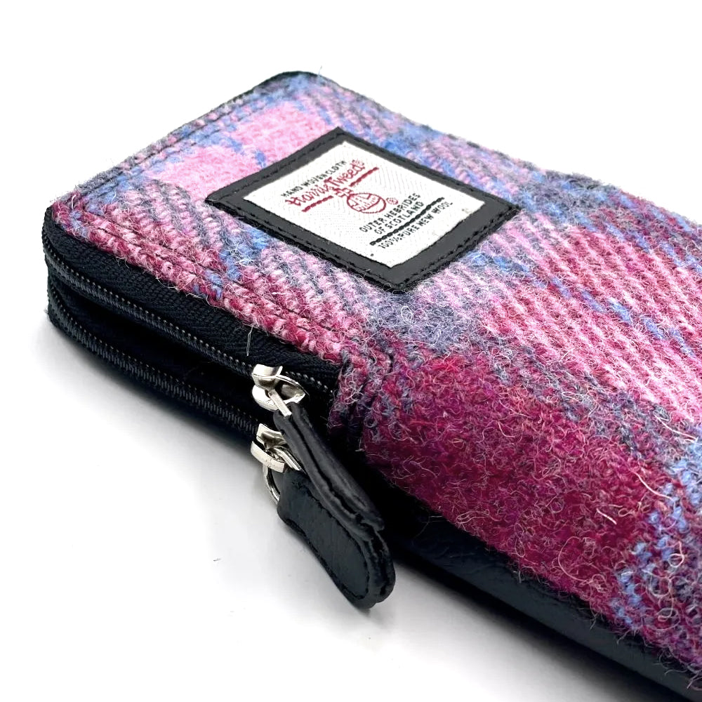 Pink checked Harris tweed glasses pouch with black vegan leather zipper.