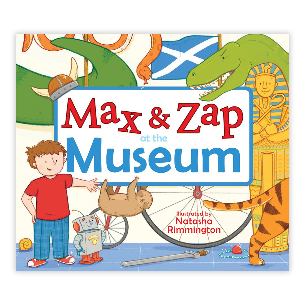 A book cover with a colourful illustration of a young boy and a small robot surrounded by various creatures and objects found in our museum. There is a green t-rex, an Egyptian sarcophagus, a penny farthing, a sloth, a snake, and a Scottish Saltire flag.