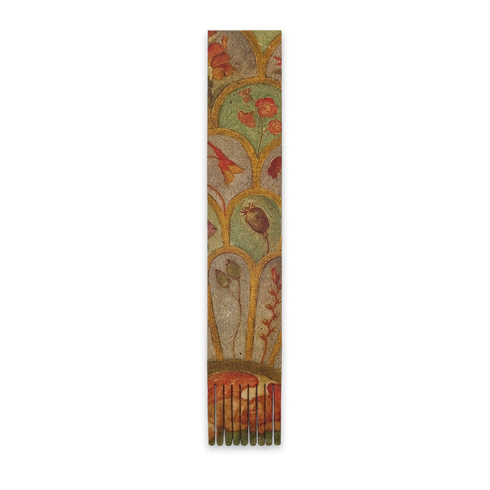 A bookmark against a plain white background with a detail from Phoebe Anna Traquair's Willowwood Piano. The detail shows a range of different plants and flowers each depicted within individual scale-like segments.