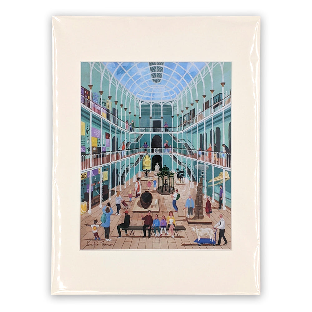 An A4 print with a vibrant illustration of The National Museum of Scotland's grand galley by Edinburgh based artist Jennifer Thomson.