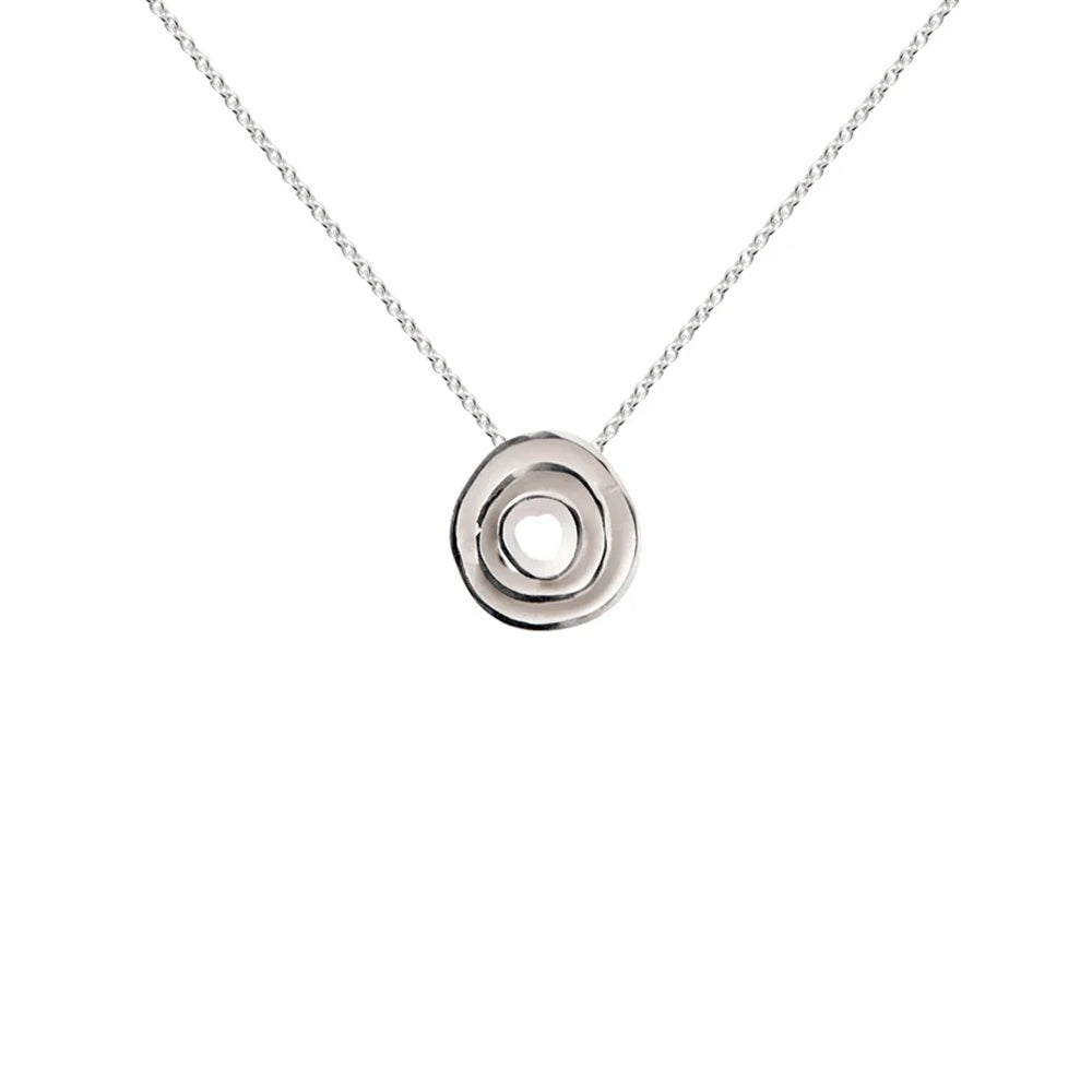 Silver necklace with a rose-like pendant.