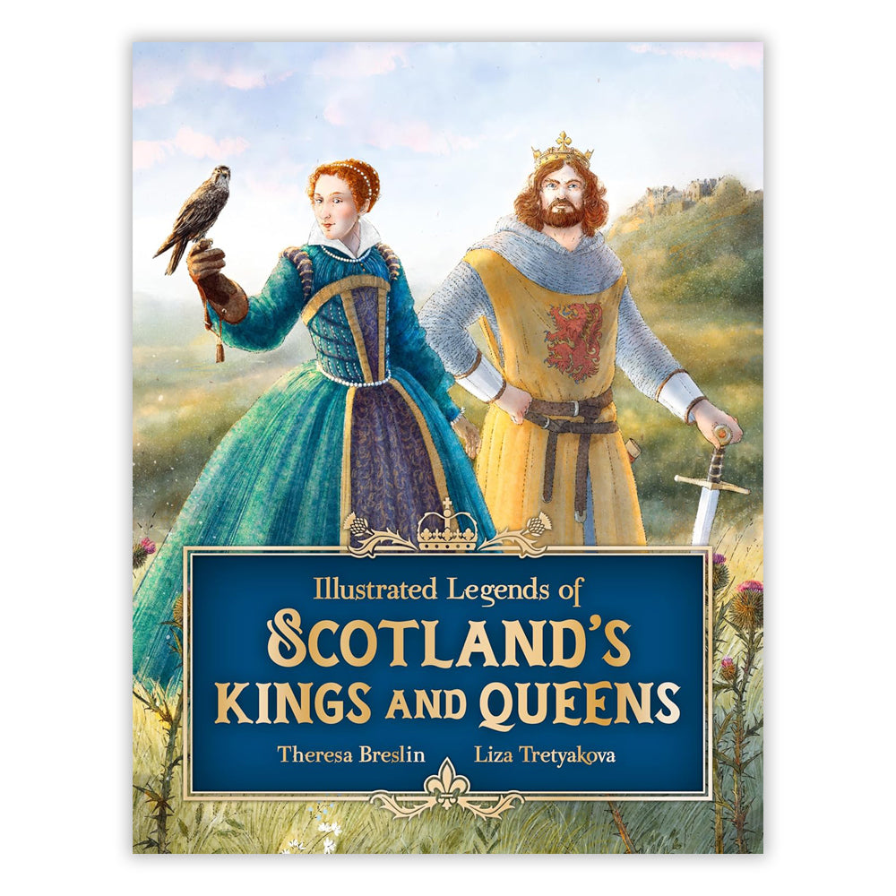 Book cover with an illustration of Mary queen of Scots to the left of the cover and Robert the Bruce to the right. They are stood among thistles and wild grass, a castle sits upon a hill in the background.