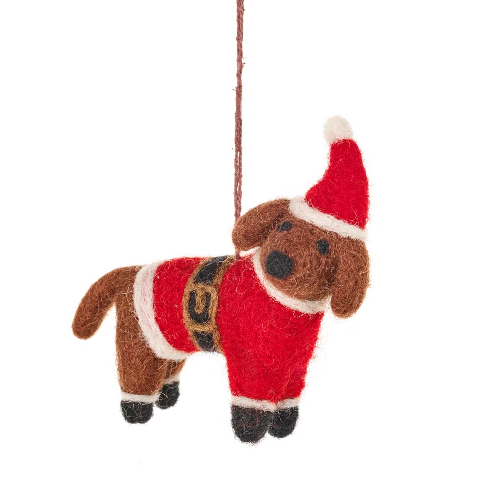Felt dog in Santa outfit hanging decoration