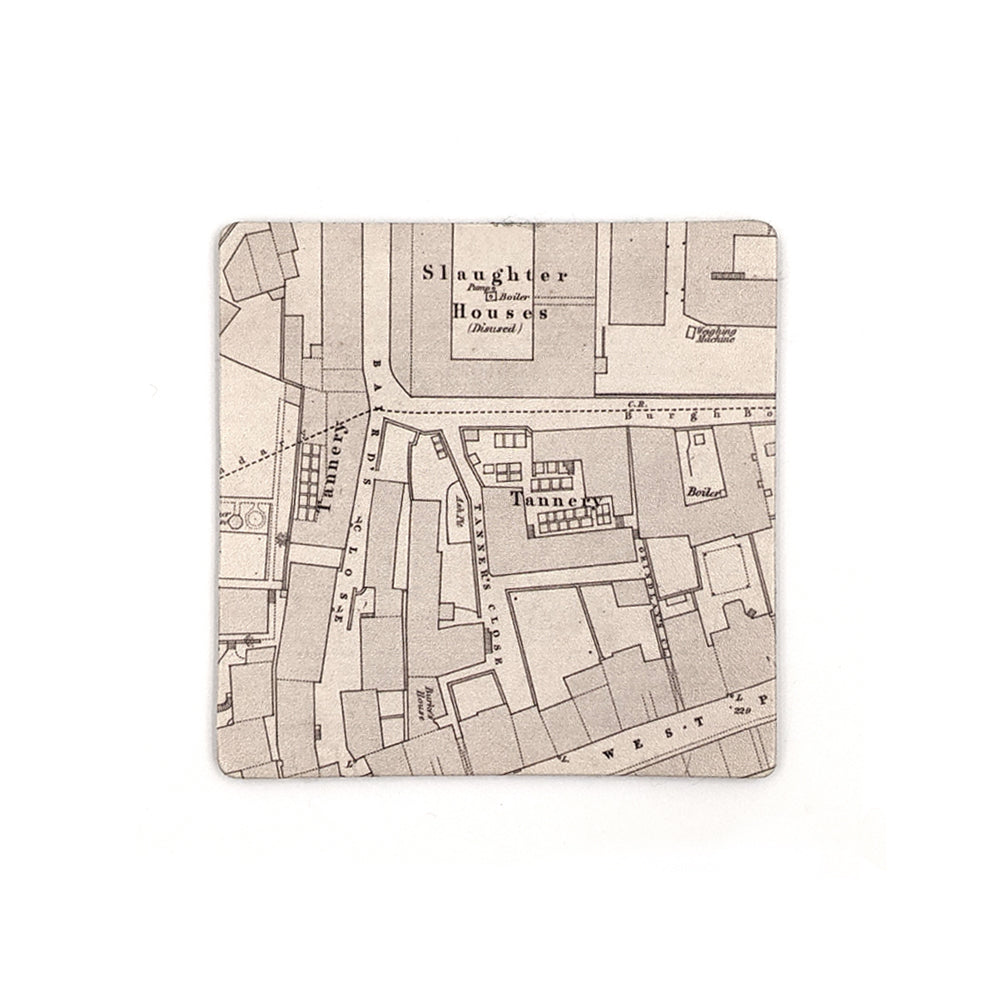 A square leather coaster with an old map of Edinburgh showing Burke of Burke and Hare's House.