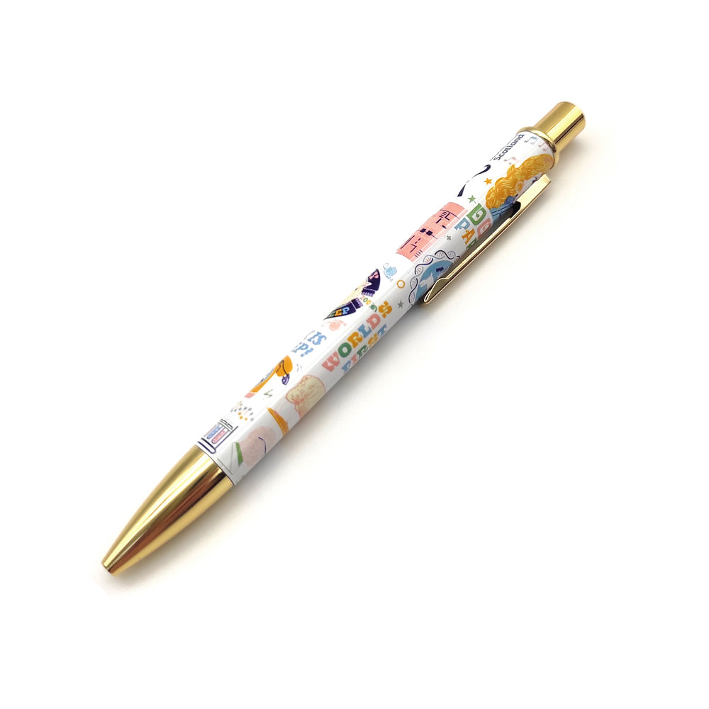 A gold and white coloured pen with illustrations of Dolly the sheep and facts about her life against a plain white background.
