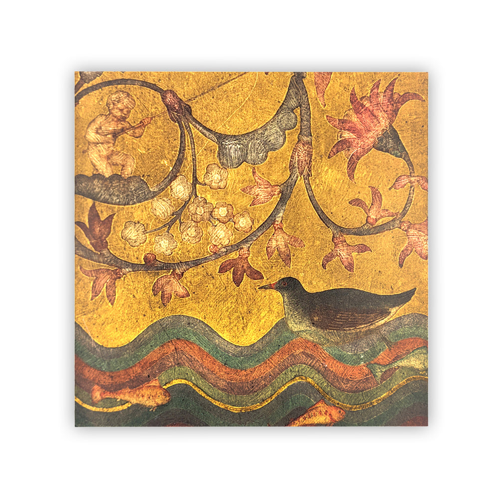 A square greetings card with a detail from the 'Willowwood Piano' by Phoebe Anna Traquair. The detail is of a duck swimming beneath branches and flowers with a small cherub fishing in them painted in yellows, greens and reds.