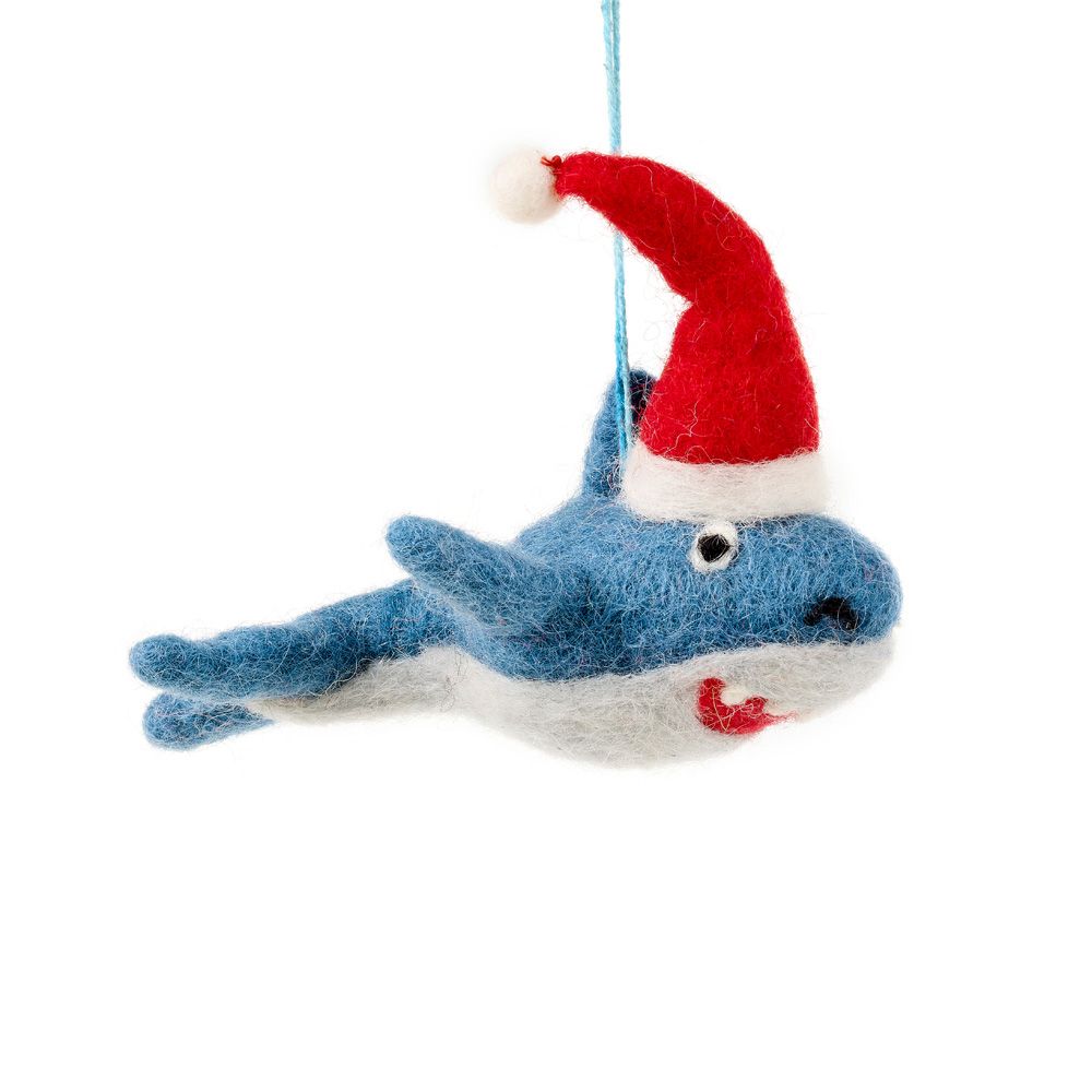 Shark wearing a Santa hat felt hanging decoration
