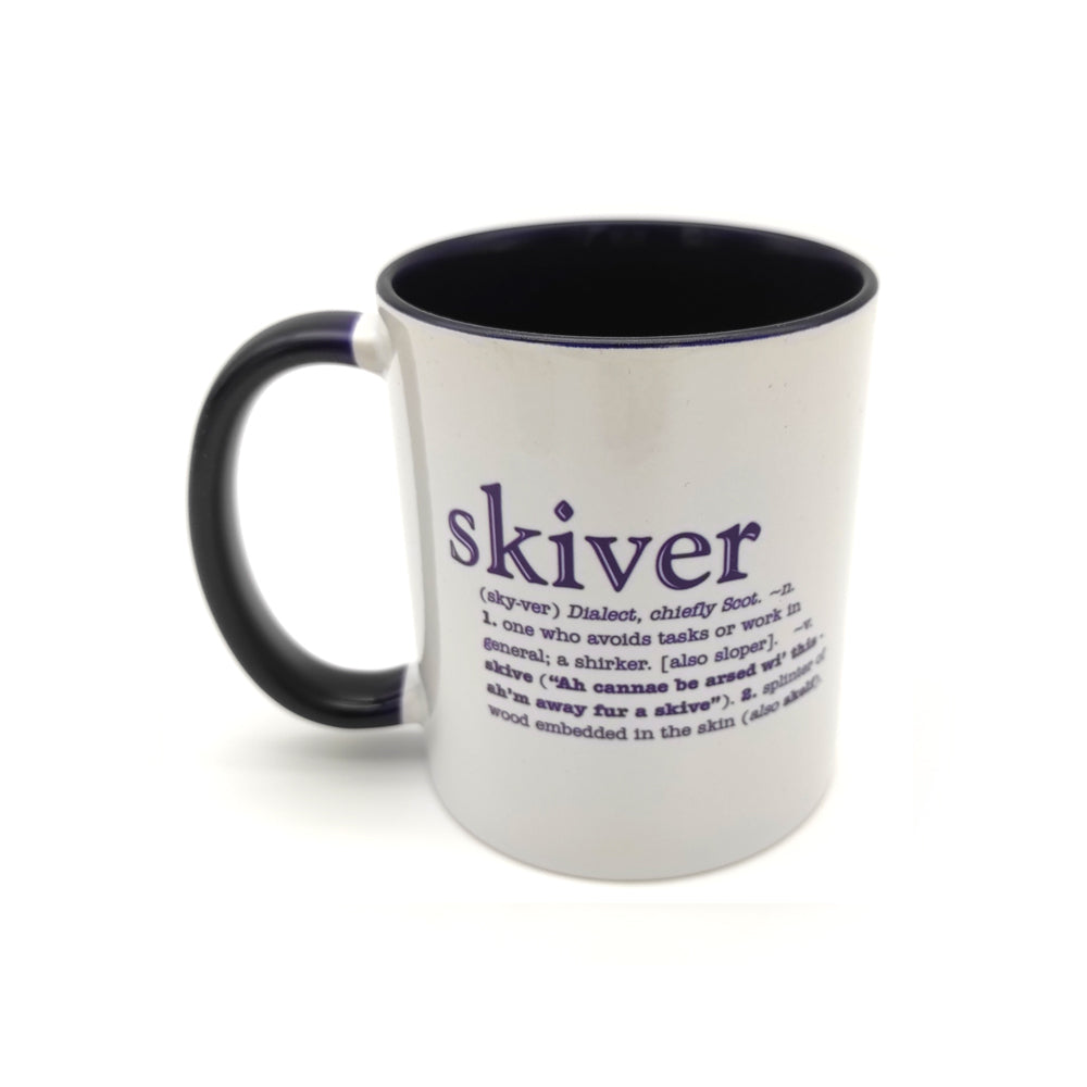 A white mug with a black inside and handle against a plain white background. The mug is printed with the word skiver and its definition in black.