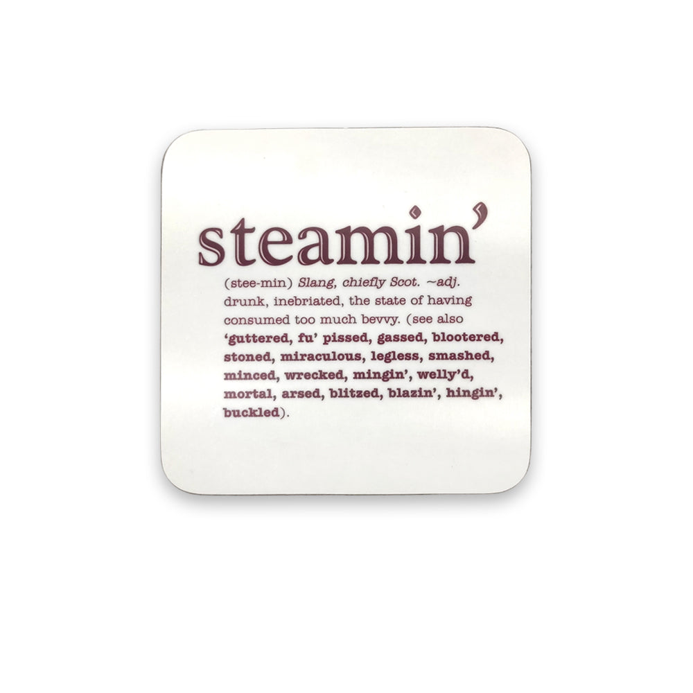 A white coaster with purple text of the word steamin' and its definition against a plain white background.