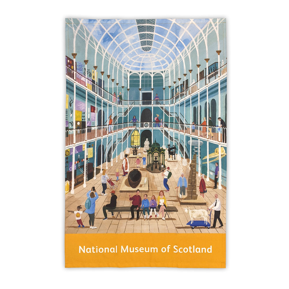 A tea towel with a vibrant illustration of The National Museum of Scotland's grand galley by Edinburgh based artist Jennifer Thomson.
