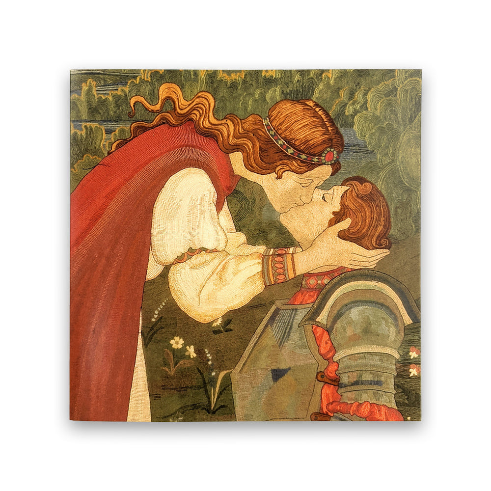 A square greetings card with a detail from the 'Red Cross Knight' series of tapestries by Phoebe Anna Traquair. The detail is of a red haired princess leaning down to kiss a knight in armour against a green wooded background.