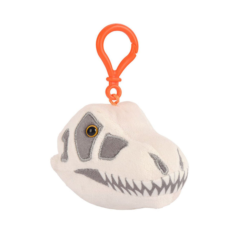 A plush keyring of a t-rex skull with an orange clip.
