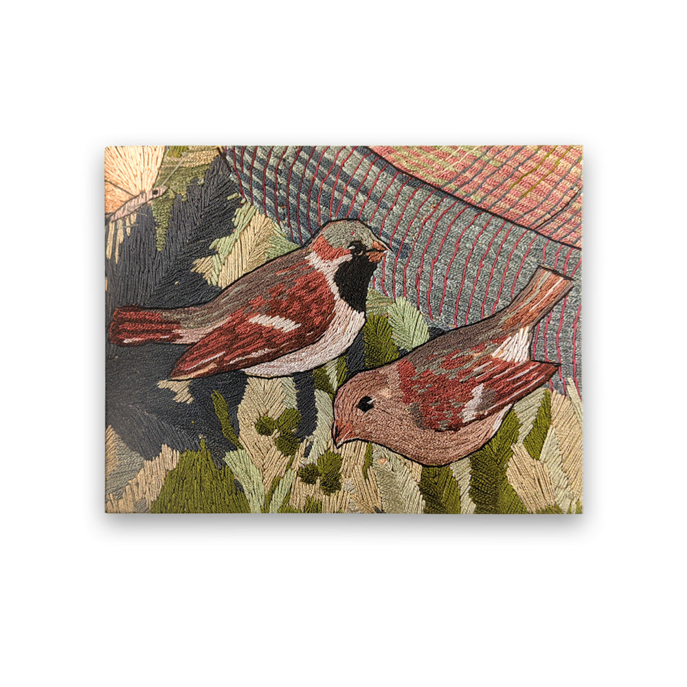 A horizontal rectangular greetings card with a detail from the 'Red Cross Knight' series of tapestries. The detail is of two small brown birds on the ground among green grass and leaves.