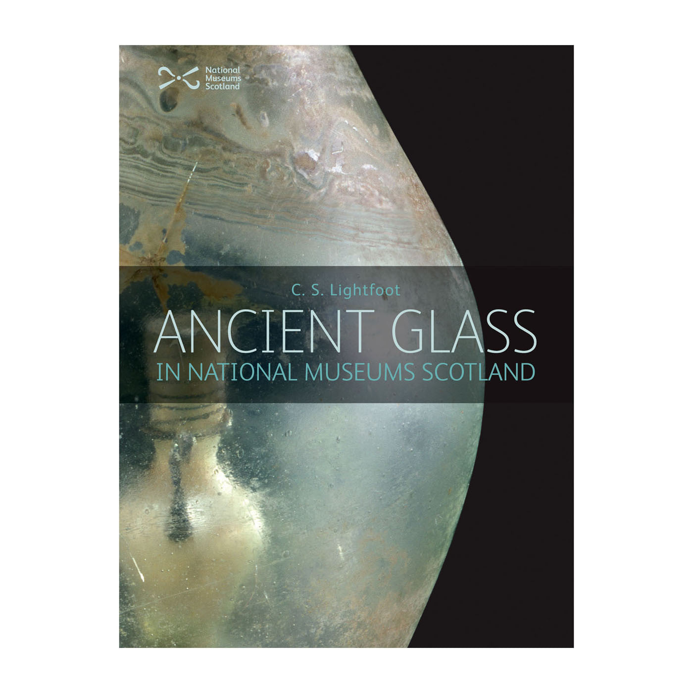 Book cover with a close up of ancient frosted glass work to the left hand side against a black background.