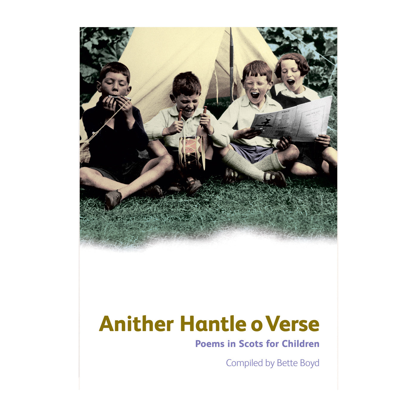 Book cover with a colourised black and white photograph of four children reading and laughing. The book's title is presented over a white gradient on the lower half of the cover.