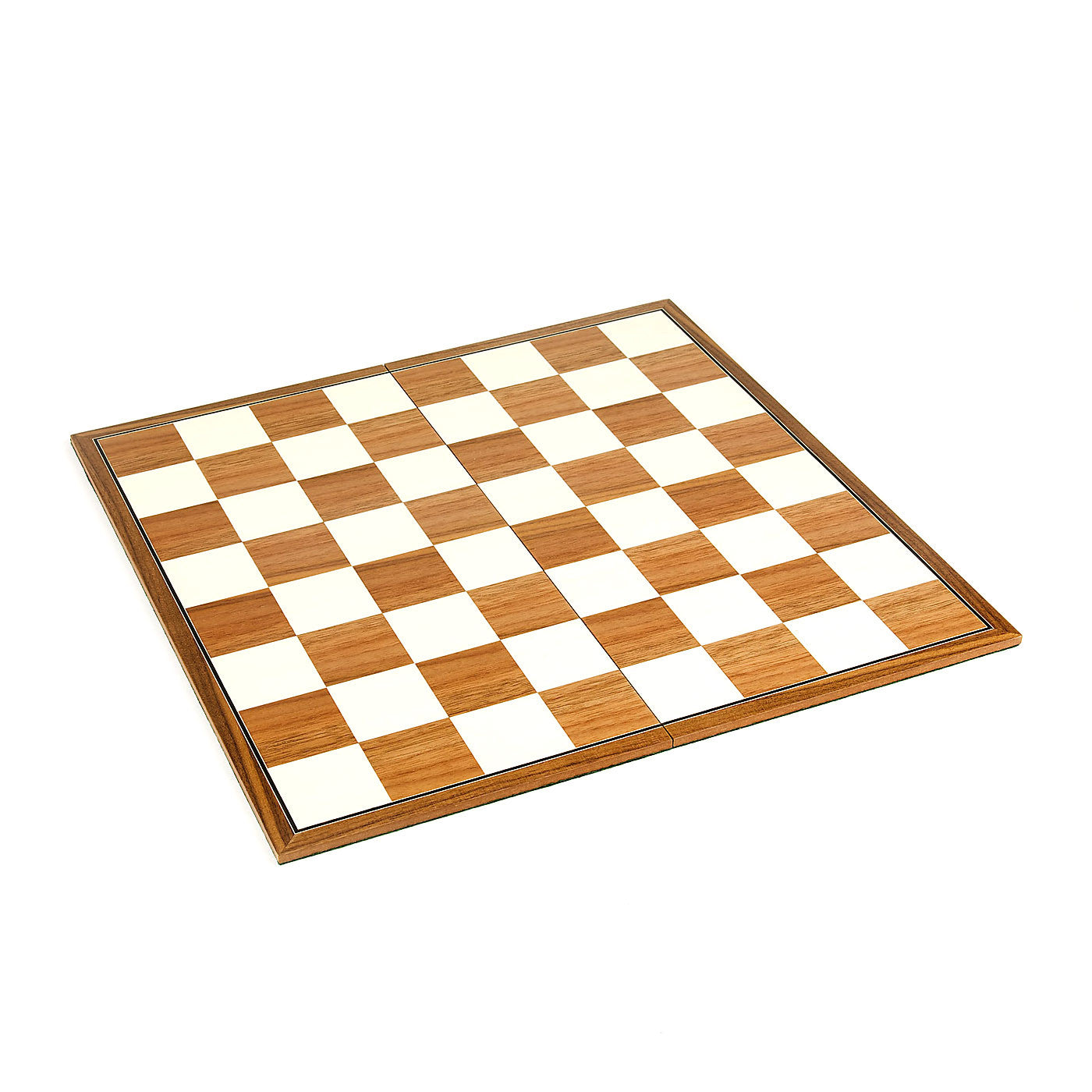 A folding wooden chess board against a plain white background.