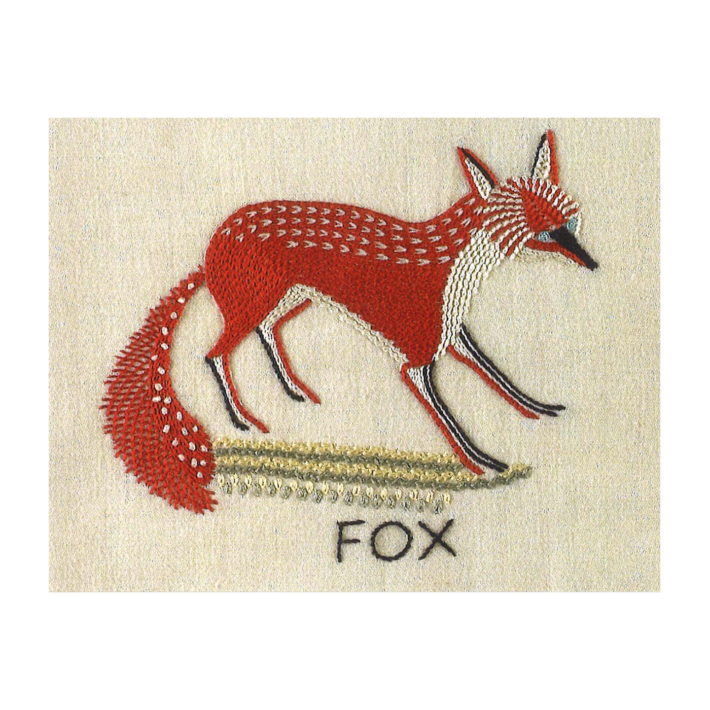 Greetings card with a photograph of an embroidered fox. The fox is embroidered in red thread with the word "fox" embroidered beneath in black.