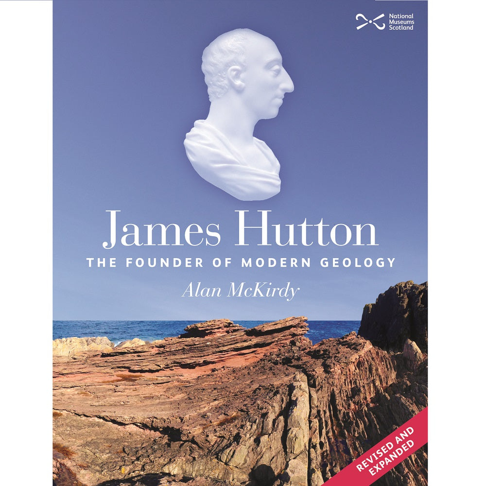 Book cover with a photograph of a rocky coastline beneath a blue sky. A relief bust of James Hutton is composited over the sky with the book's title and author in a large white serif font.