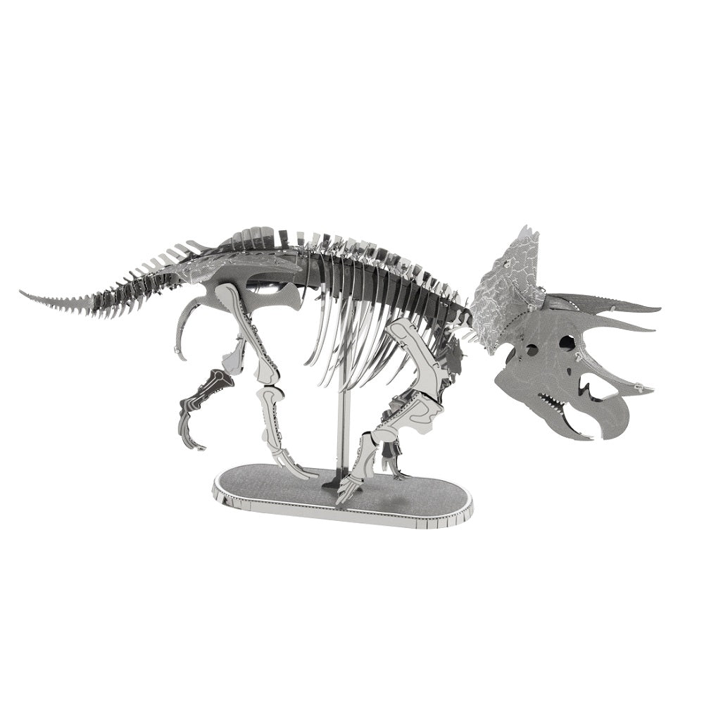 A photograph of a small model triceratops skeleton made from flat pieces of metal that are bent and slotted together.