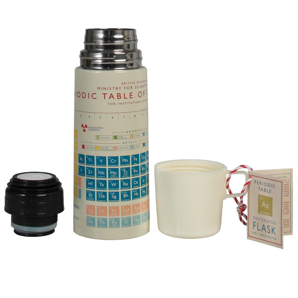 A cream coloured flask wit a white cup lid sitting to the right and a black seal to the left against a plain white background. The flask has a colourful periodic table design printed on it.