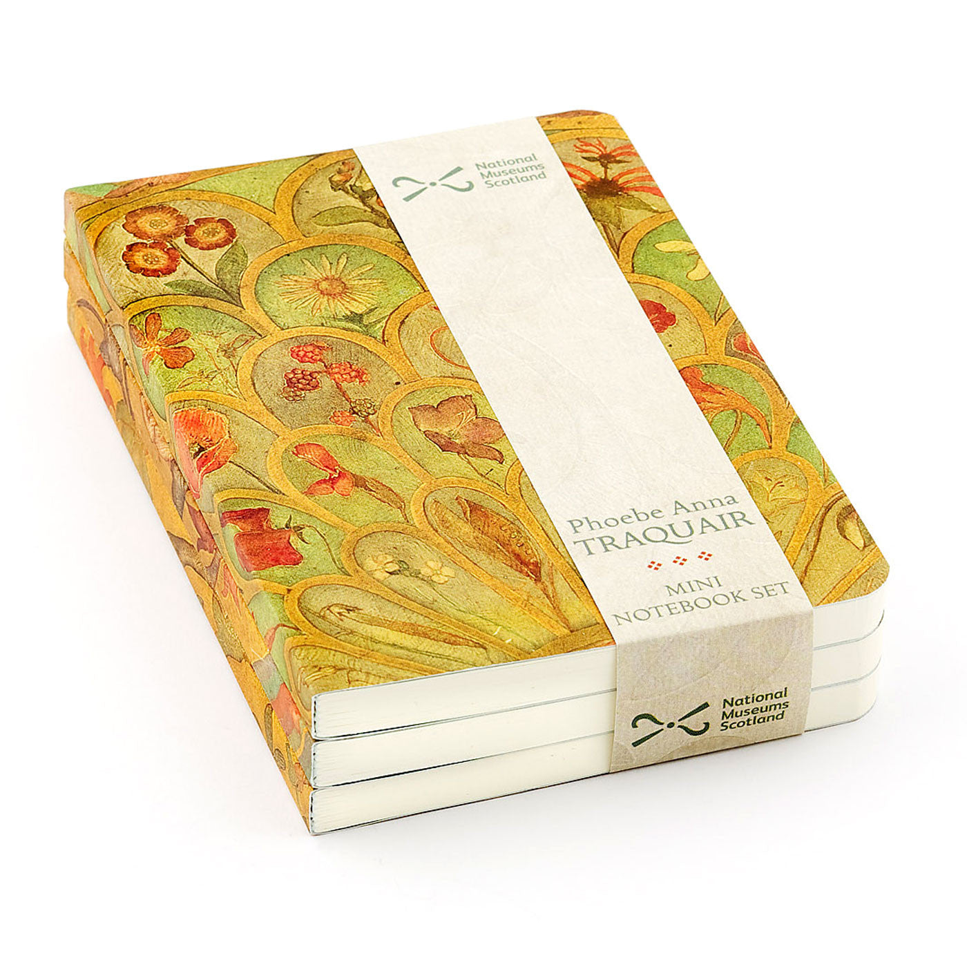 Three stacked notebooks with painted details from the willowwood piano by Phoebe Anna Traquair on the covers. The details are of various floral designs painted in greens and yellows. The three notebooks have a beige band holding them together with the National Museums Scotland logo printed in green.