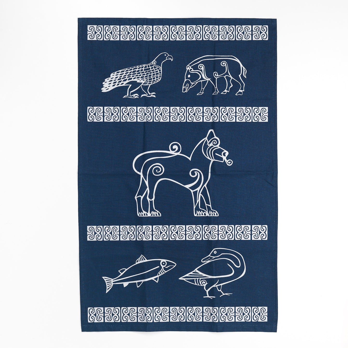 a navy blue cotton tea towel with silver detailing taken from Pictish carvings. across the tea towel are four strips of Pictish pattern work creating three segments of the towel with animal designs also taken from carvings. In the top segment there is an eagle and a boar, in the middle segment there is a large lion, and in the bottom segment there is a fish and a goose.