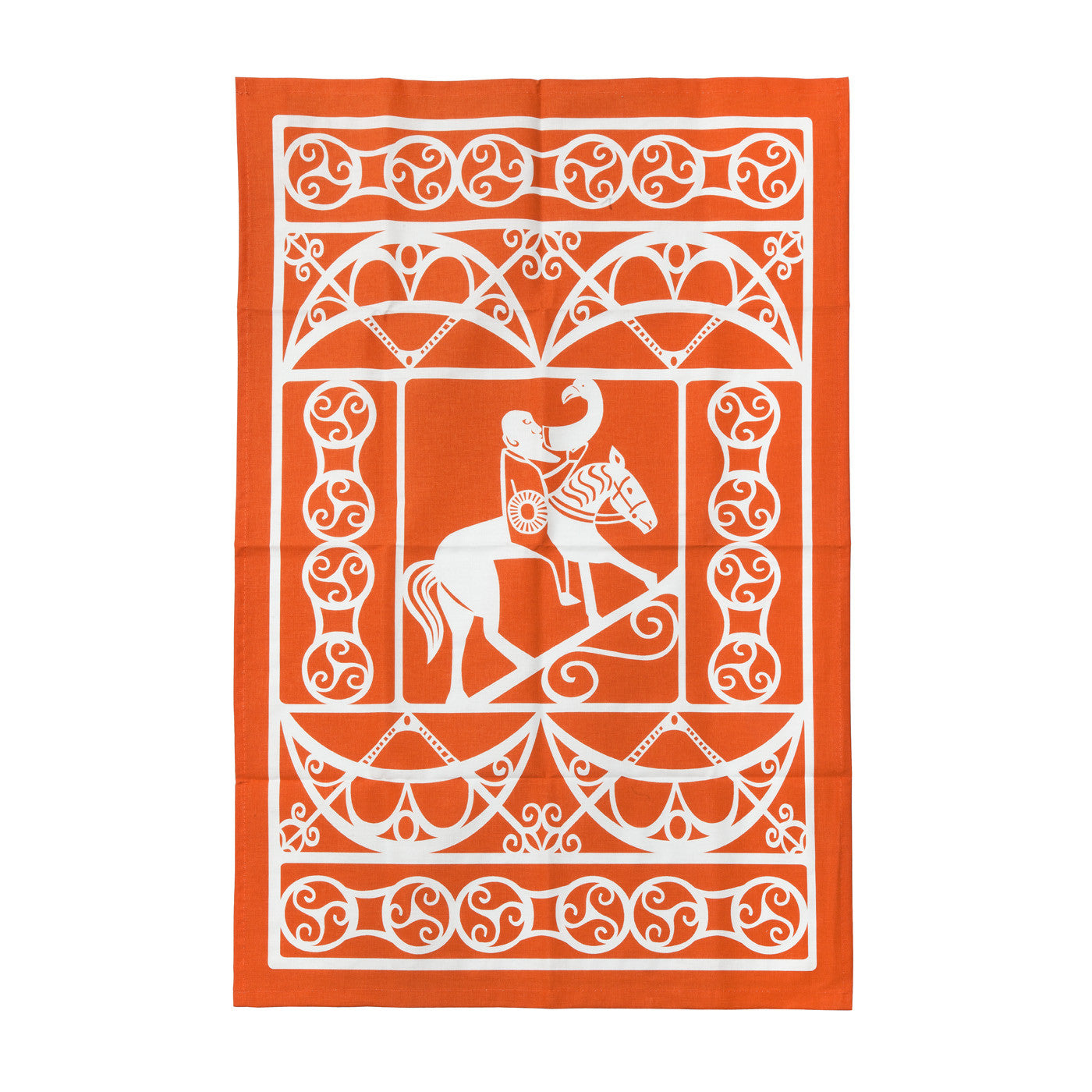 An orange cotton tea towel with a white design taken from a Pictish carving of a man drinking whilst riding a horse surrounded by pattern work.