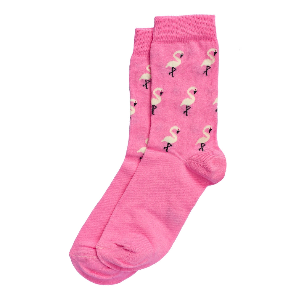 A pair of pinks socks with a pattern of small white flamingos against a plain white background.