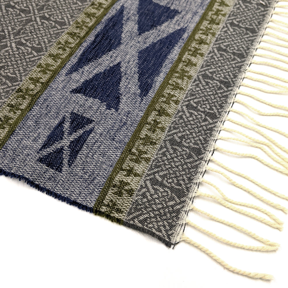 Grey tassled scarf detail with a celtic roundal and Saltire flag pattern against a plain white background.