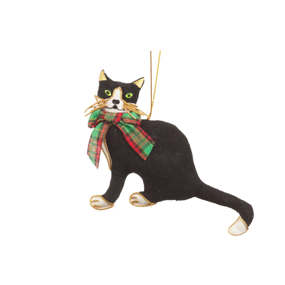An embroidered decoration of a cat wearing a tartan bow around it's neck. The cat is made from a black fabric and embroidered with gold thread.