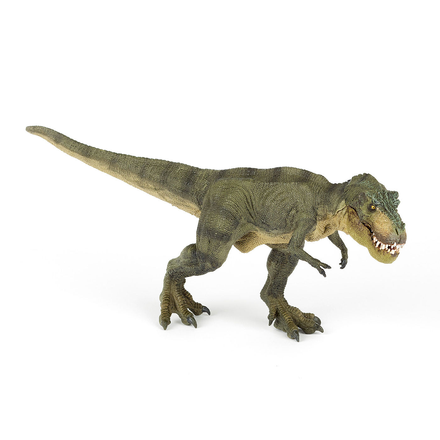 A green toy t-rex with yellow eyes and white teeth against a plain white background. The -rex is walking to the right with it's tail trailing out behind it.