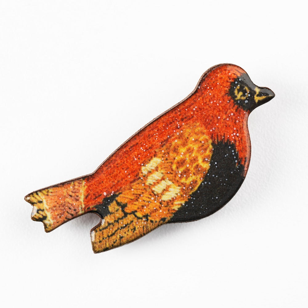 A porcelain brooch of a small brown bird taken from a Phoebe Anna Traquair tapestry. The bird has a red body, brown wings and tail, and a black belly and face.