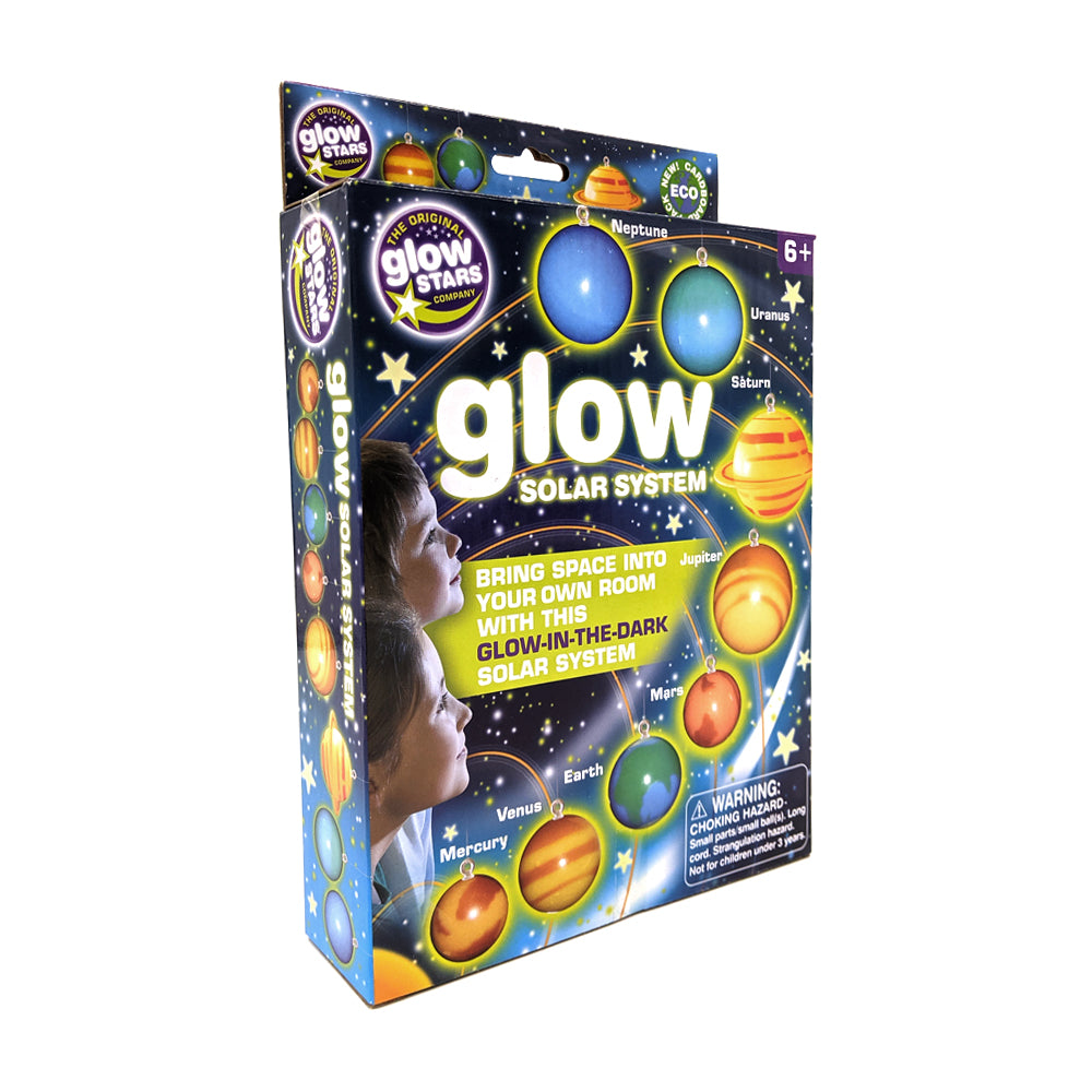 Packaging with glow in the dark planets against a starry sky, two smiling children look on from the left hand side of the box.