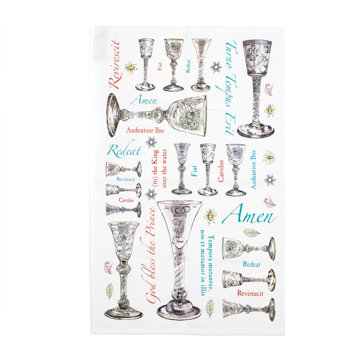 A white cotton tea towel with illustrations of Jacobite era goblets and phrases printed in an irregular pattern.