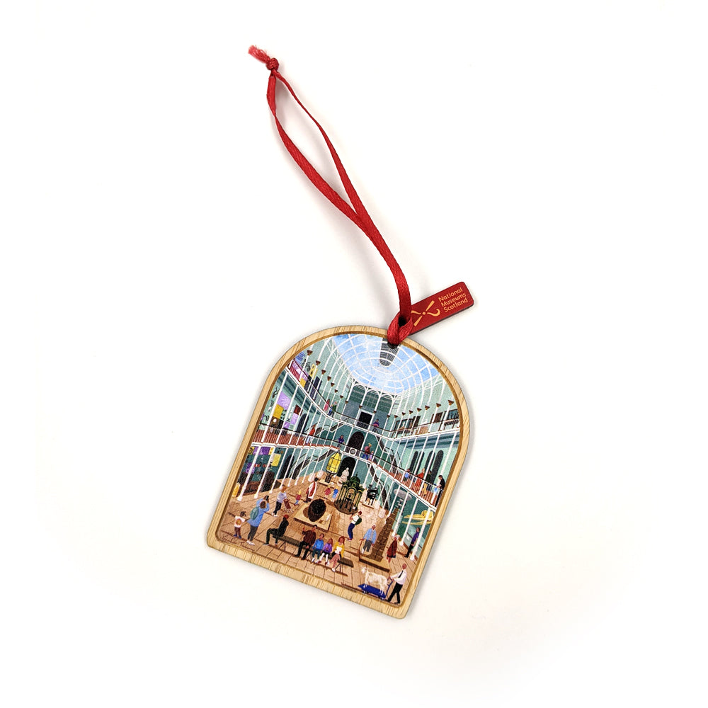 A bamboo hanging decoration with a vibrant illustration of The National Museum of Scotland's grand galley by Edinburgh based artist Jennifer Thomson.