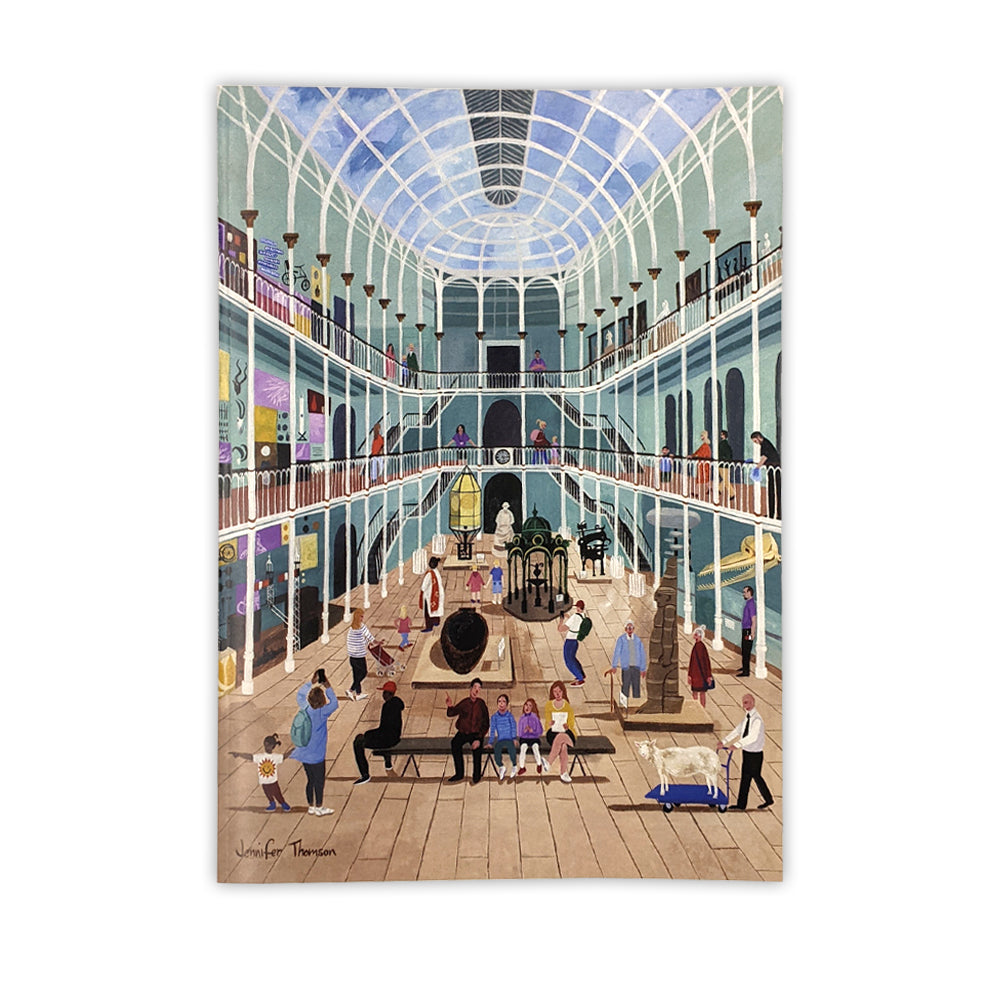 An A4 sketchbook with a vibrant illustration of The National Museum of Scotland's grand galley by Edinburgh based artist Jennifer Thomson.