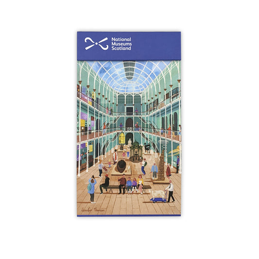 A folding notebook with a vibrant illustration of The National Museum of Scotland's grand galley by Edinburgh based artist Jennifer Thomson.