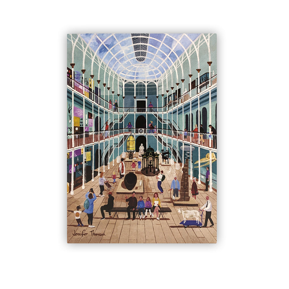A greetings card with a vibrant illustration of The National Museum of Scotland's grand galley by Edinburgh based artist Jennifer Thomson.