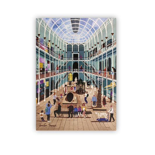 A greetings card with a vibrant illustration of The National Museum of Scotland's grand galley by Edinburgh based artist Jennifer Thomson.