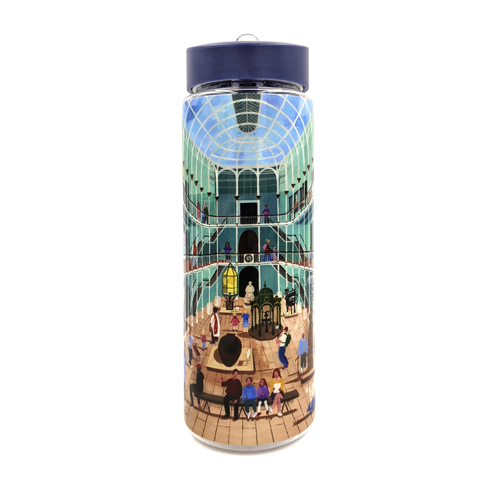 A plastic water bottle with a vibrant illustration of The National Museum of Scotland's grand galley by Edinburgh based artist Jennifer Thomson.