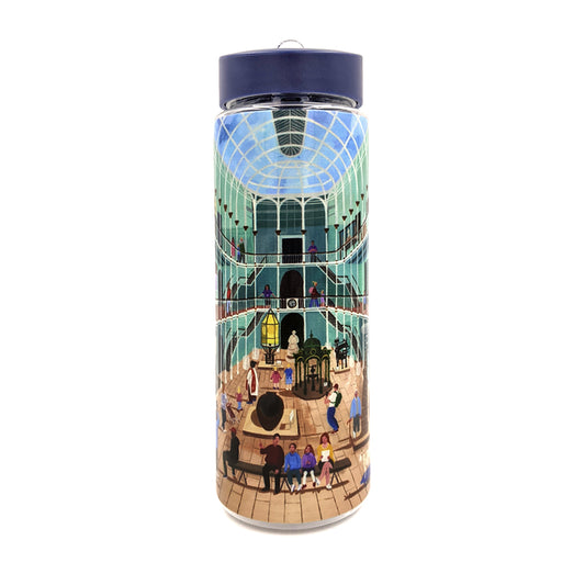 A plastic water bottle with a vibrant illustration of The National Museum of Scotland's grand galley by Edinburgh based artist Jennifer Thomson.