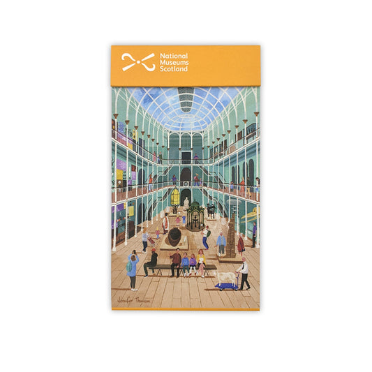 A folding notebook with a vibrant illustration of The National Museum of Scotland's grand galley by Edinburgh based artist Jennifer Thomson.