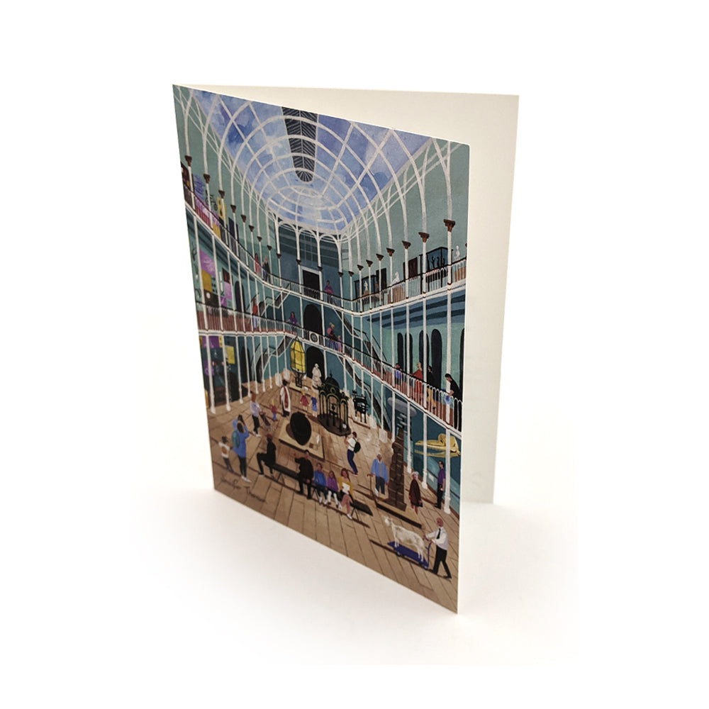 An open greetings card with a vibrant illustration of The National Museum of Scotland's grand galley by Edinburgh based artist Jennifer Thomson.