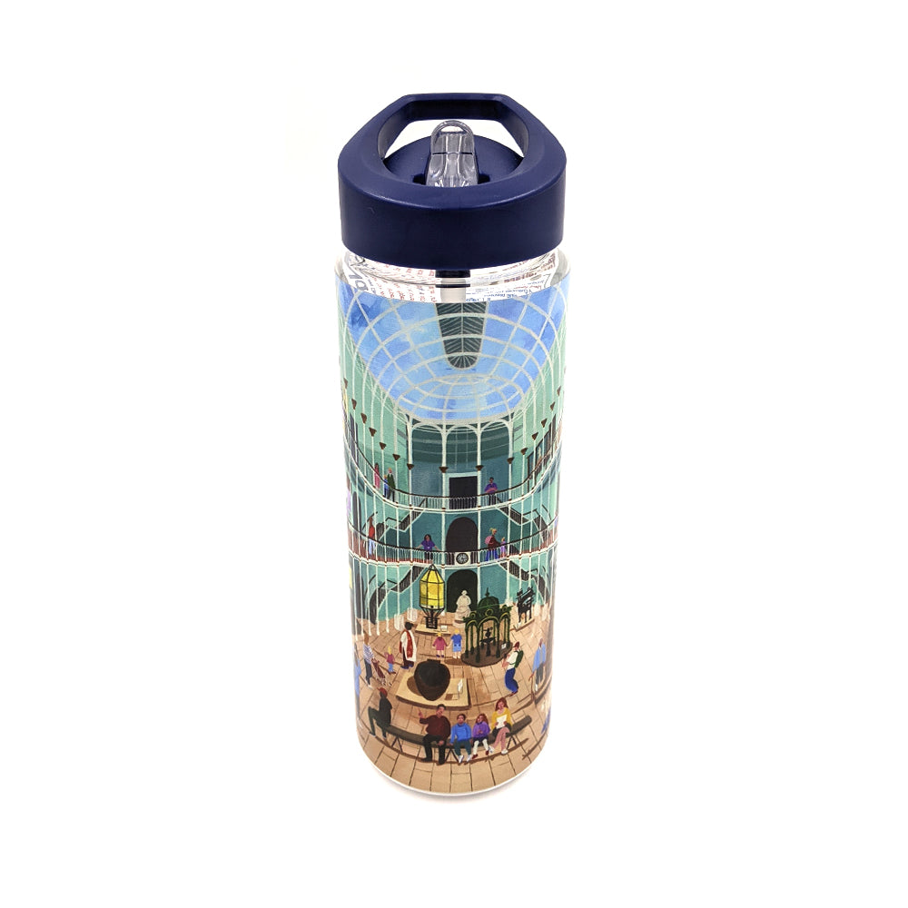 A plastic water bottle with a vibrant illustration of The National Museum of Scotland's grand galley by Edinburgh based artist Jennifer Thomson.