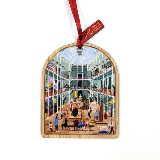 A bamboo hanging decoration with a vibrant illustration of The National Museum of Scotland's grand galley by Edinburgh based artist Jennifer Thomson.