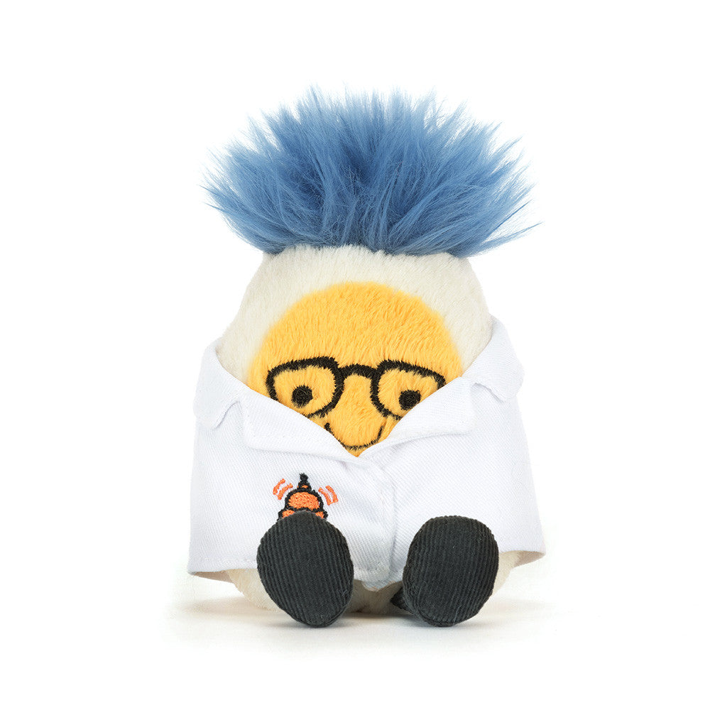Stuffed toy resembling a scientist with blue hair, glasses and a white lab coat on a white background