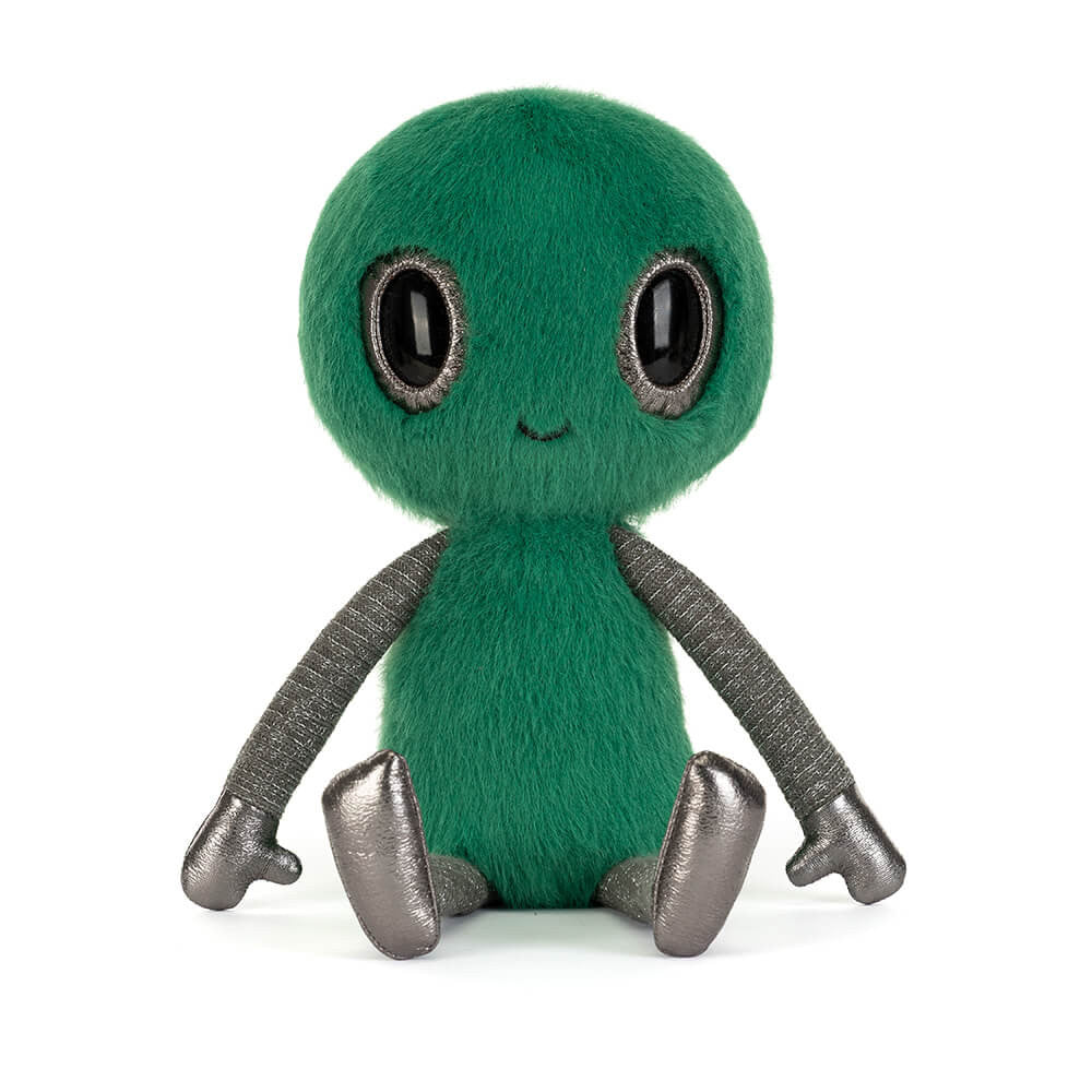 Soft toy of a green alien with large black eyes against a white background.